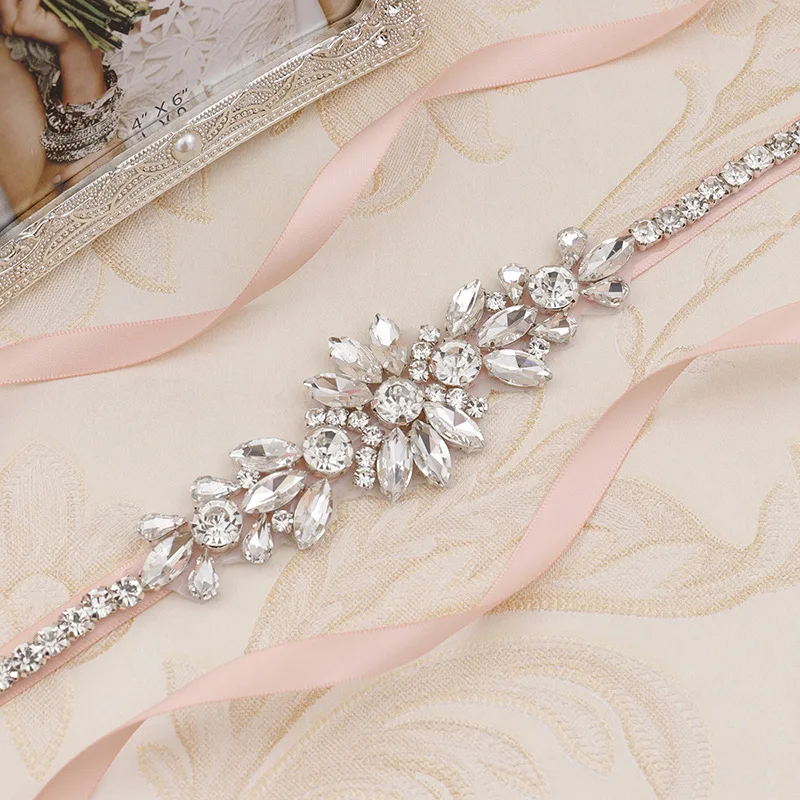 Bridal Diamond Thin Belt Sash Rhinestone Applique Satin Wedding Dress Belts