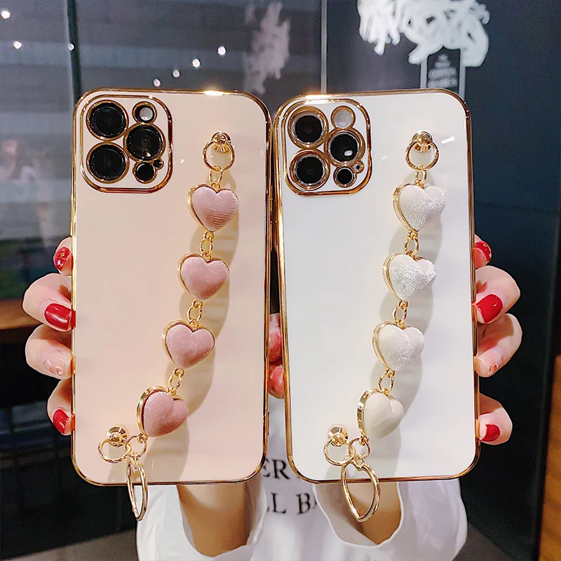 Luxury Electroplated Phone Case With Heart Wrist Strap for iPhone 14 13 12 11 Max Pro XS XR X 7 8 Plating TPU Girls Cover Case