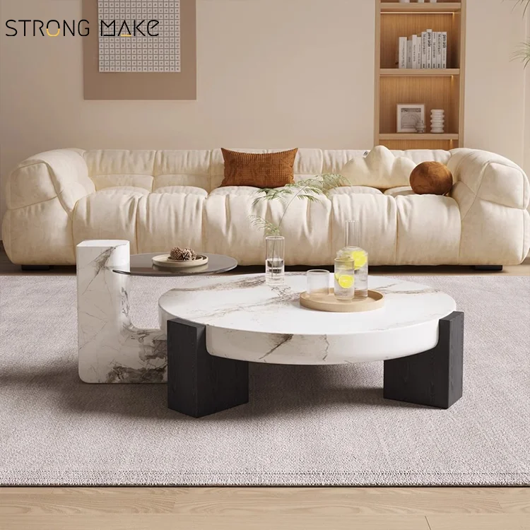 New Style White Living Room Tea Table Home Furniture Modern Tempered Glass Marble Stone Round Coffee Table Set