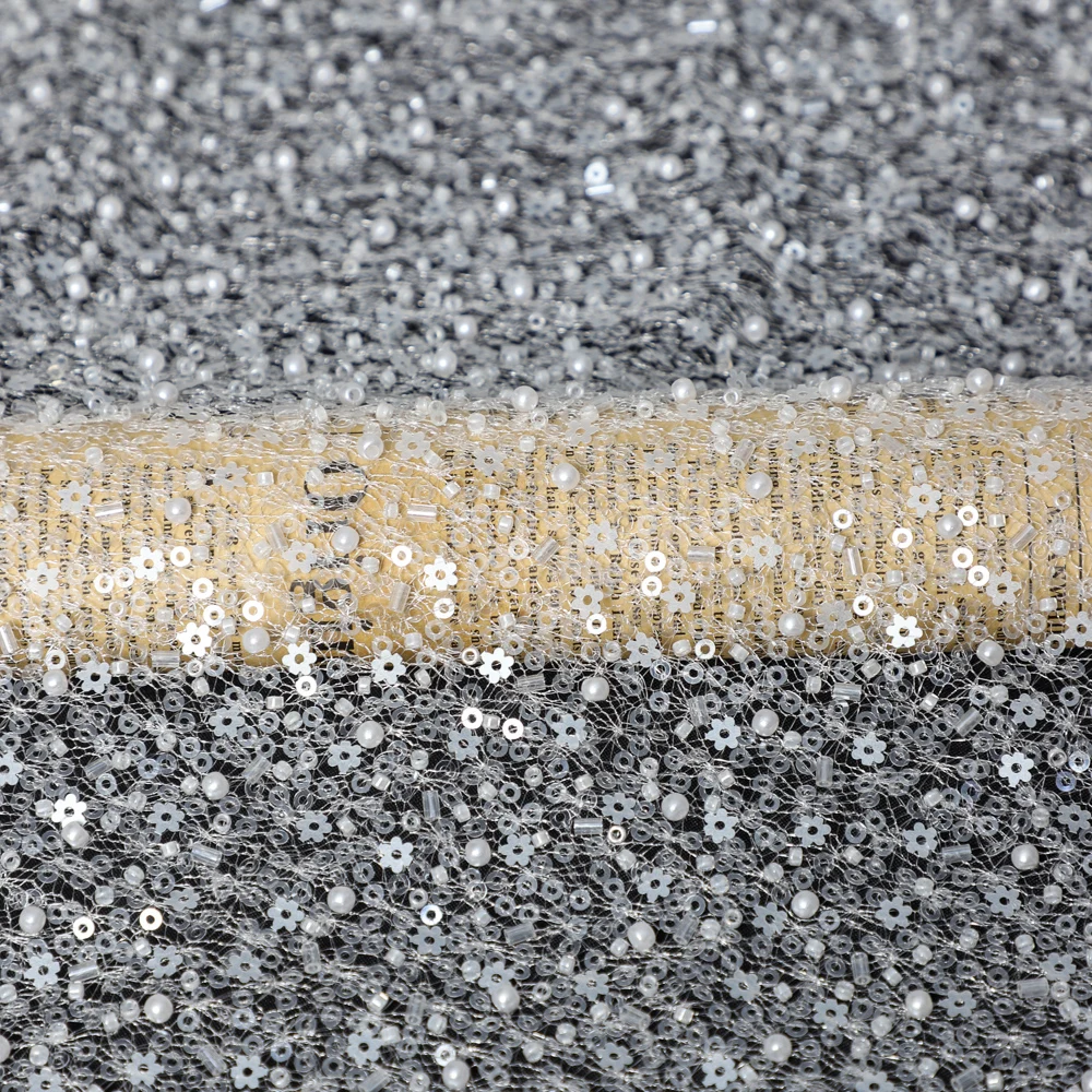 Yanzi Custom Pearl Flower Sequin Embroidery Bridal Wedding Fabric Heavy Dubai Embroidery Beaded Lace by the Yard