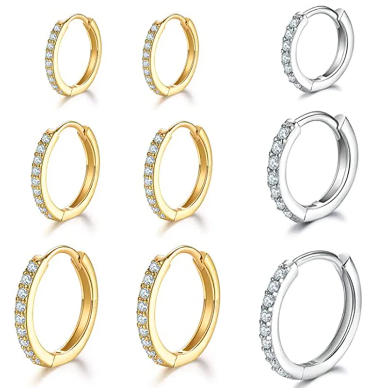 Hot Sale 6/8/10MM Iced Out Cubic Zircon Round Circle Clip on Earring Jewelry 316 Stainless Steel Ear Bone Pierced Hoop Earrings