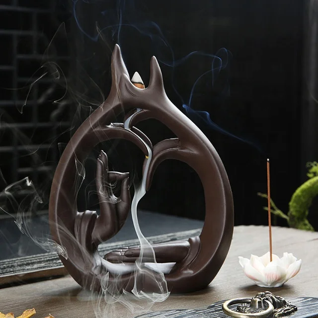 Factory Direct Sale China Censer Creative Buddha Hand Smoke Backflow Incense Burner Lotus Flower Ceramic Incense Holder