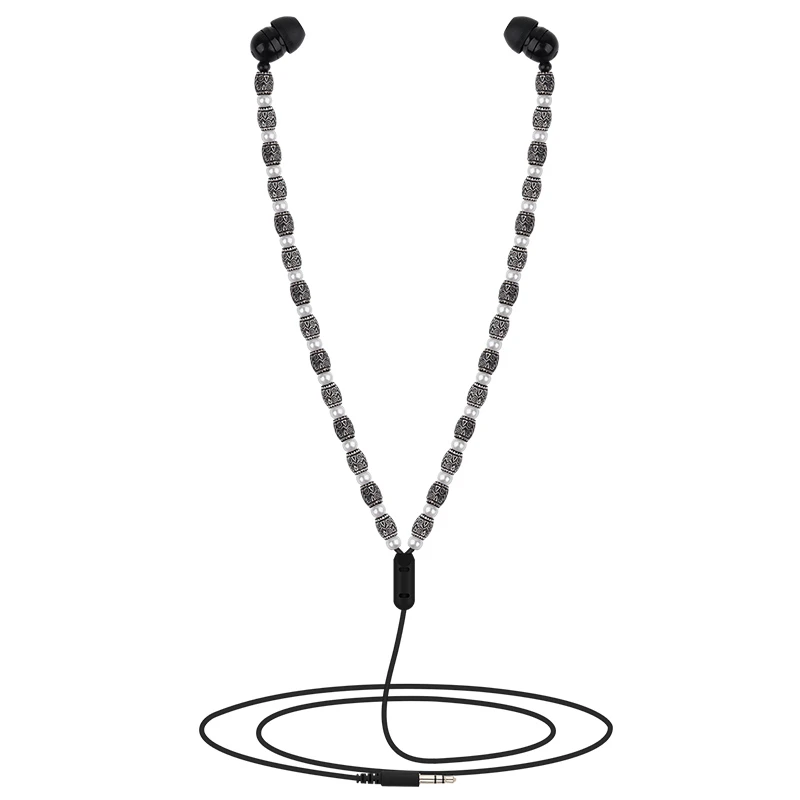 
URIZONS Fashion Necklace Live Earphone camouflage Color Beads Heavy Sound Band Wire Control Call Earphone 