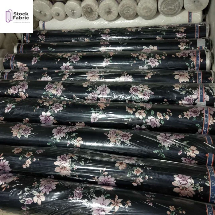 Polyester woven  satin print without spandex stock fabric for garment