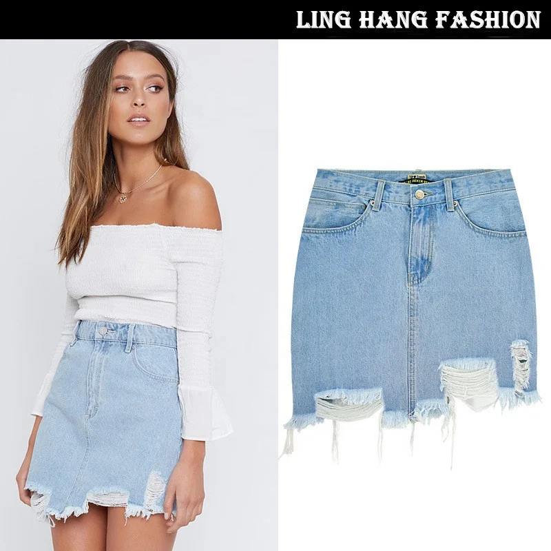A-Line Jeans Skirt Short Ladies High Waist Casual Ripped Denim Skirt Women