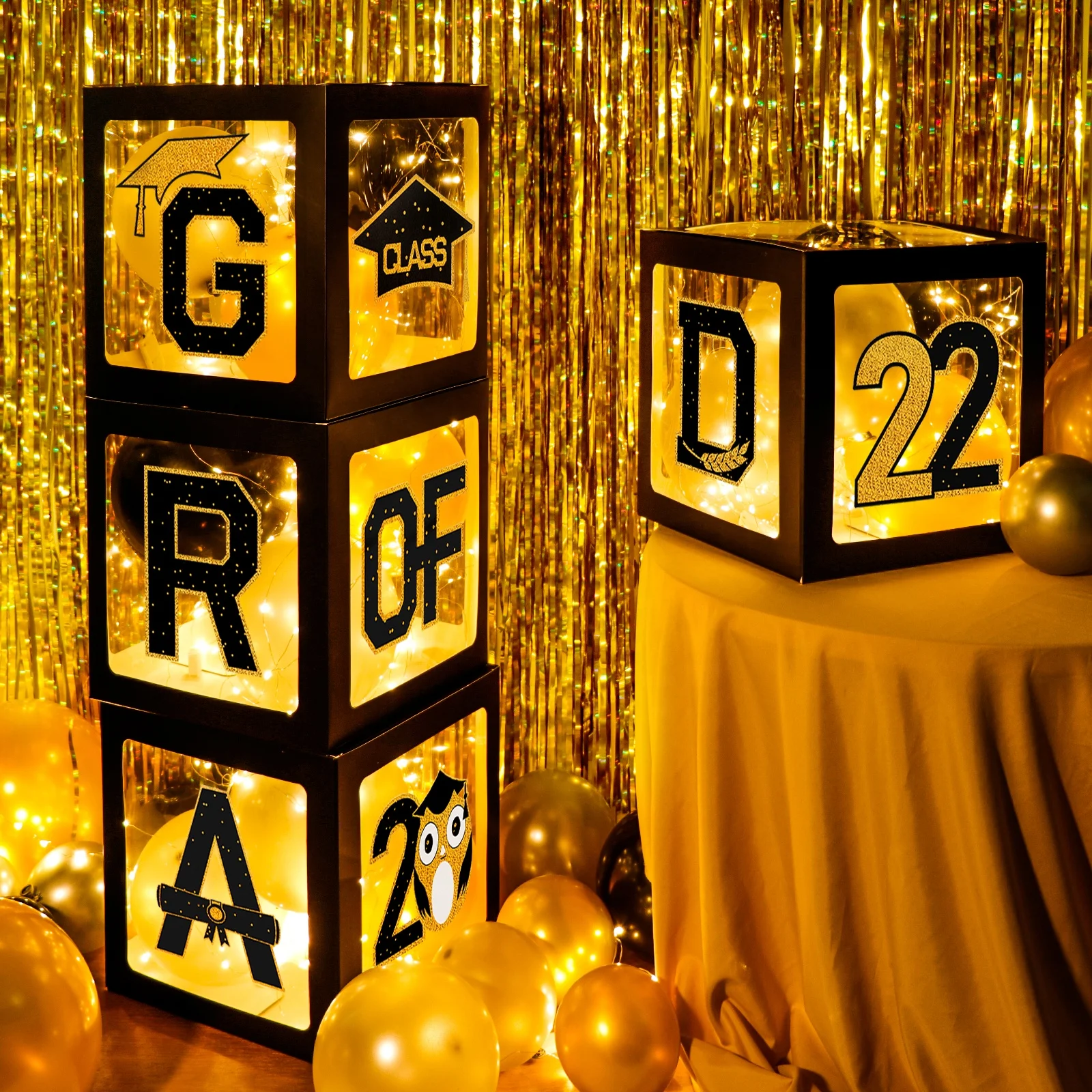 Ourwarm Custom Graduation Party Supplies Gifts Sets Black Gold Blocks Decoration Graduation Balloon Boxes with Led