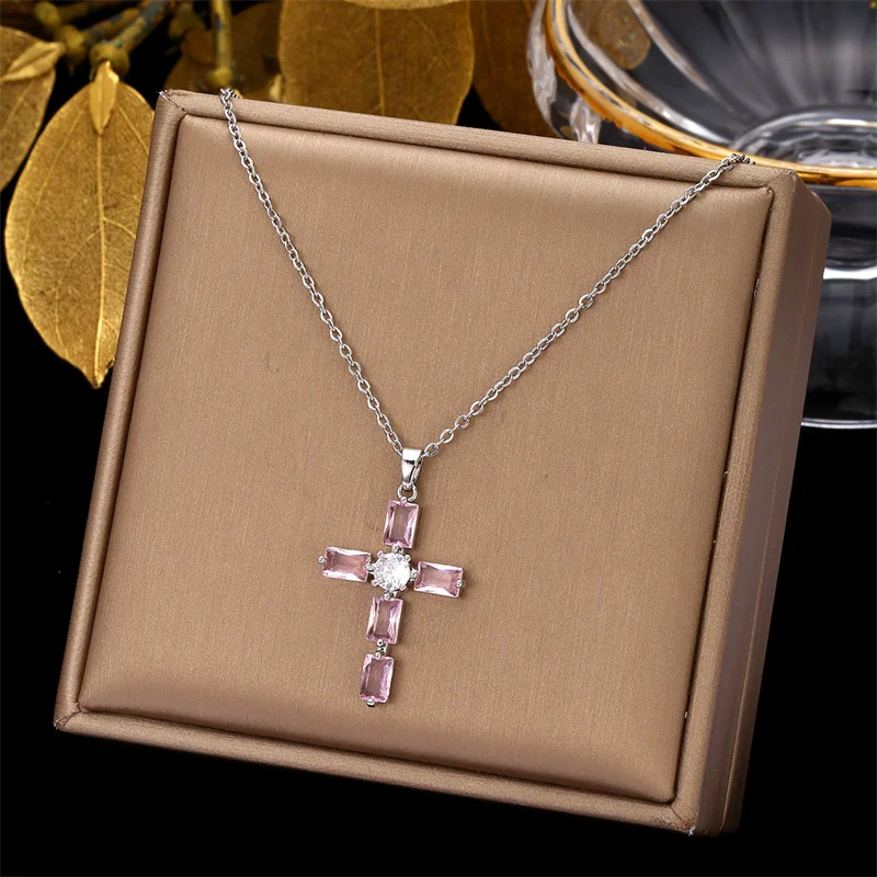 Fashion Jewelry Necklaces Stainless Steel Gold Filled Diamond Cross Choker Pendant Necklace for Women