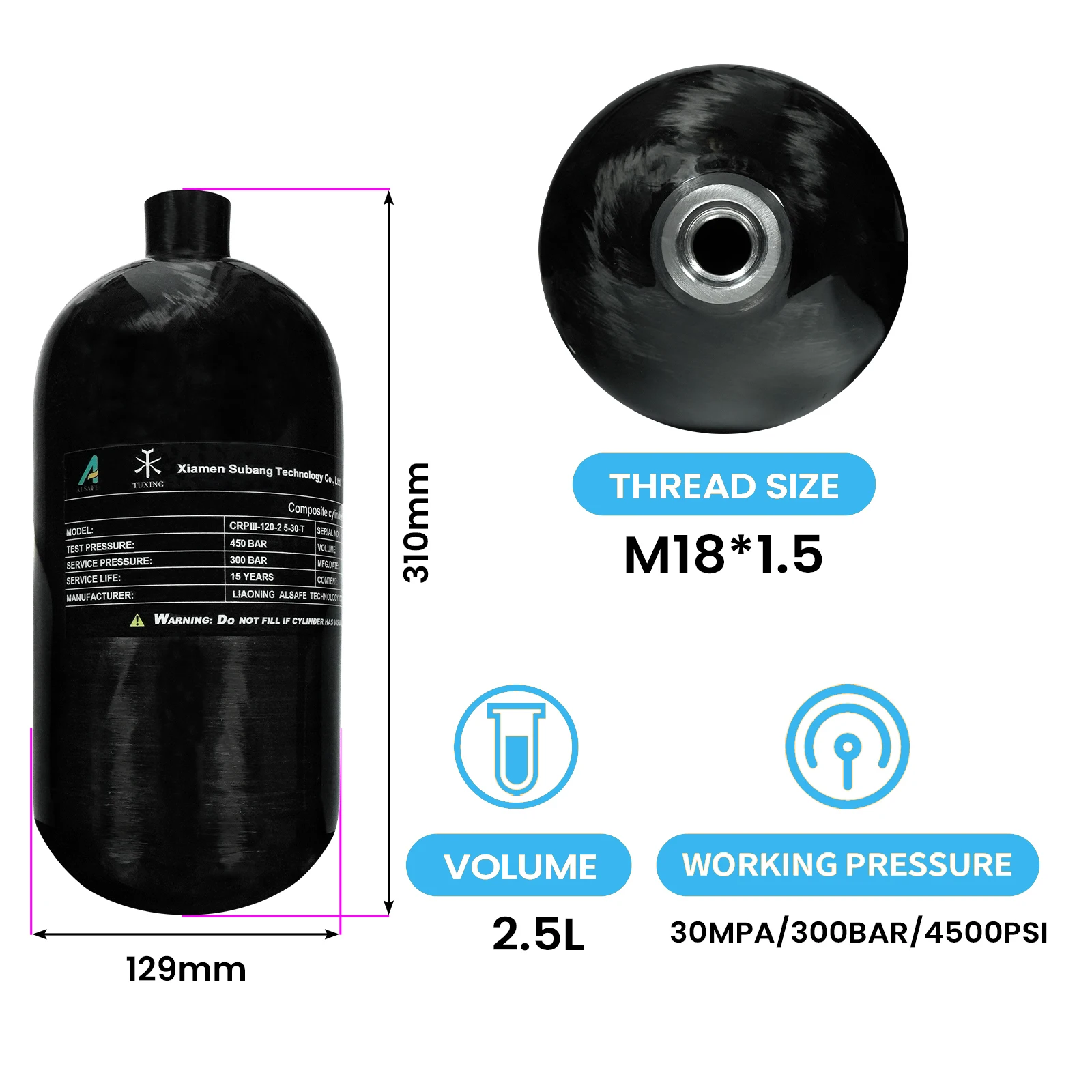 GP OEM High Temperature Resistance 2.5L High Pressure 300bar 30mpa 4500psi Paintball Game Carbon Fiber Air Tank Gas Cylinder