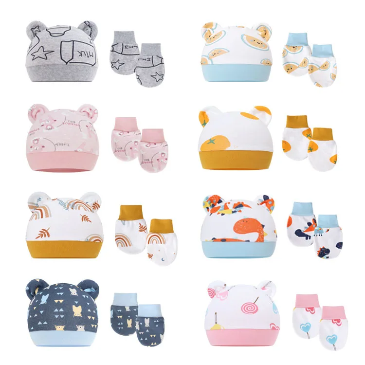 New Born Baby Hat and Baby Mittens Set Newborn Infant 100% Cotton Caps Newborn Mittens