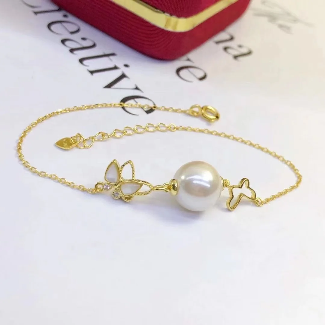B395 8-9mm 925 sterling silver gold plated wholesale freshwater pearl charm bracelet  bangle fancy jewelry for women