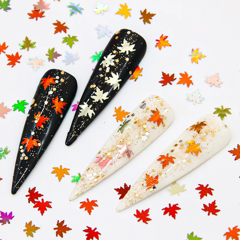12 Grids Mixed Color Gradient Leaves Nail Art Decoration Glitter Powder Christmas Autumn Maple Nail Sequins