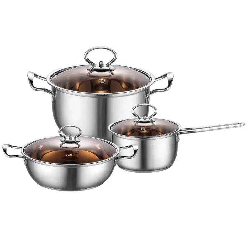 Wholesale Stainless Steel composite bottom Cookware Set and Pans with glass brown lid for kitchen induction cooker