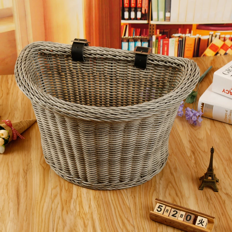 Factory wholesale D shaped PP rattan e-bike basket plastic adult bike basket front handlebar bicycle basket with straps