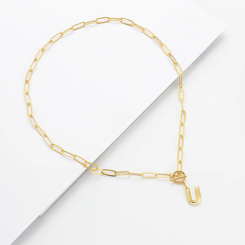 New letter necklace real gold trend ot chain paper clip chain 26 English letter Pendant