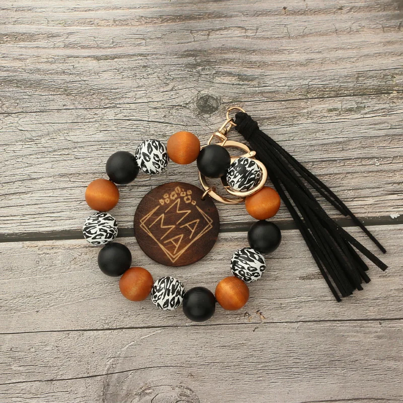 Silicon Beads Monogram Wood Blank Wooden Disc Bracelet Tassel Keychain Wristlet Gift for Her Key Ring