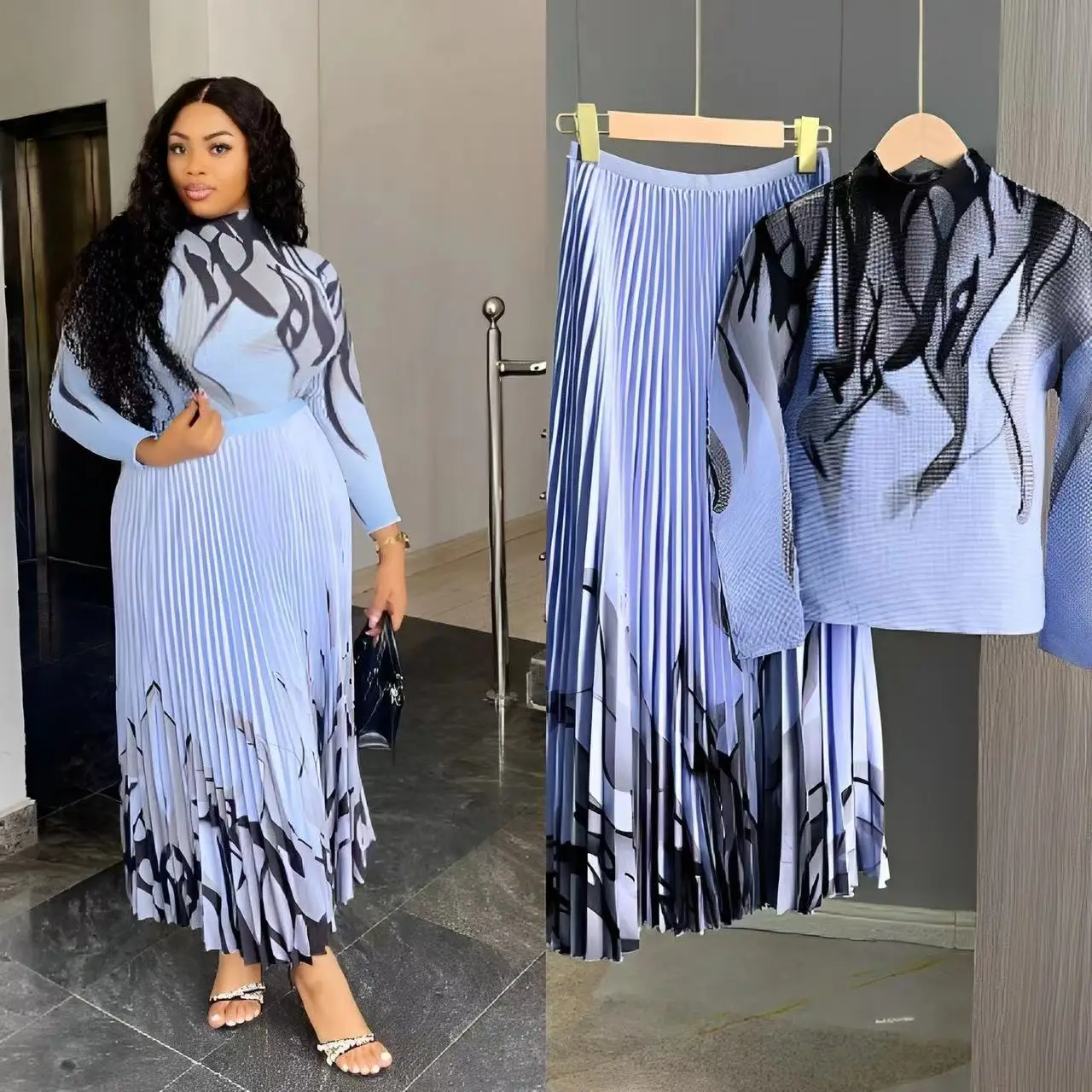 Miyake Pleated Temperament Corrugated Printed Pleated Skirt Set Fashion Design Sense Two-piece Set