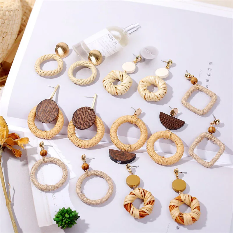New Fashion Design Jewelry Hawaii Handmade Environment Friendly Wood Flower Bamboo Pearl Shell Rattan Earring for Women