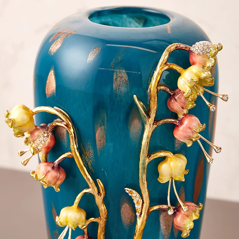 RORO home decor new collection modern luxury decorative glass green color enamel handmade painting pomegranate guava flower vase