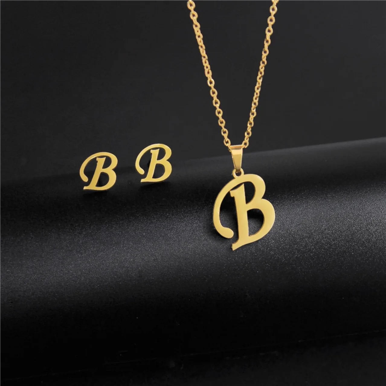 18 K Gold English letters A to Z Stainless Steel Pendant Clavicle Chain Necklace Earring Set