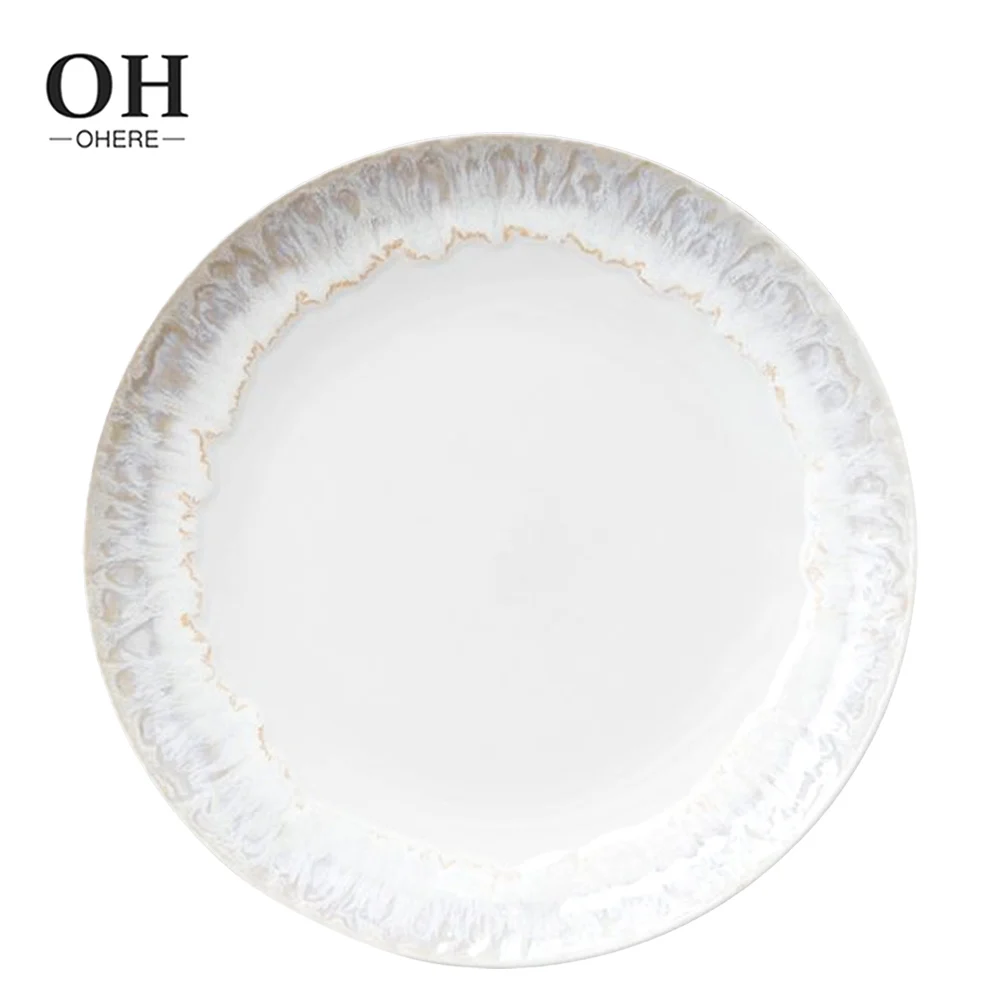 Artistic stone texture edge 4 pcs ceramic plate sets Simple white color wedding charger service dinner plate Microwave Safe use