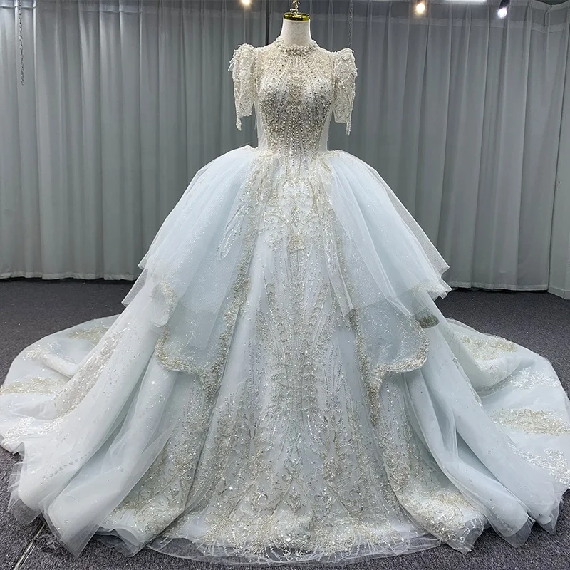 Jancember MN203 Modern High Neck Luxury Heavy Beaded Bridal Gowns Dress For Women