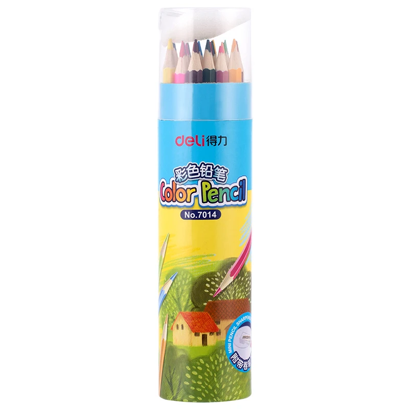 Deli 7014 24pcs/barrel Students Colored pencil barrel painting pencil with sharpener 96barrel*24pcs=2304pcs per carton set