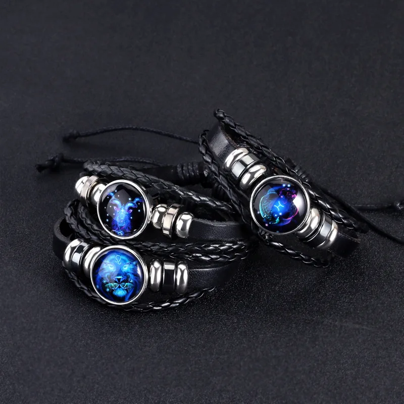 Factory Wholesale Beautiful Silver Luck Luminous 12 Constellations Leather Multilayer Bracelets for Women Men