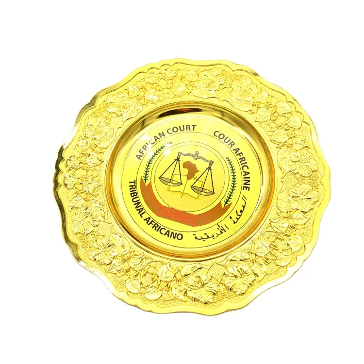 Custom Engraved Craft Metal and Wooden Stand Gold Trophy Plate Embossed Souvenir Award Medal Plaque