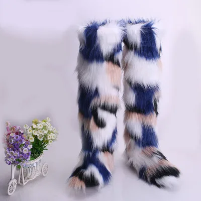 Winter ladies designer lady girls snow fur fluffy furry long shoes warm snow shoes thigh high white fur women fashion boots