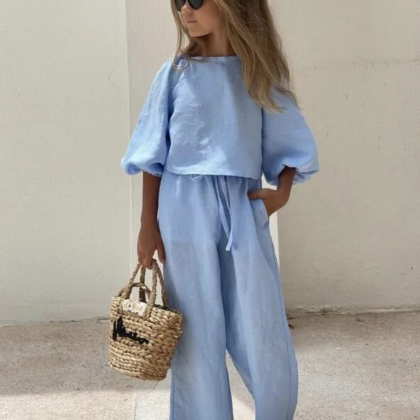 Soft Casual Beach Girls Summer Two Pieces Linen Long Sleeve Crop Tops Loose Pants Kids Linen Set