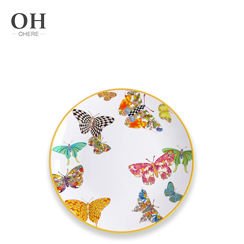 Colorful butterfly Ceramic Dish Gold Rim Ceramic Dinner Plate Set Bone China Charger Plate for Party Rent  Wedding Plates