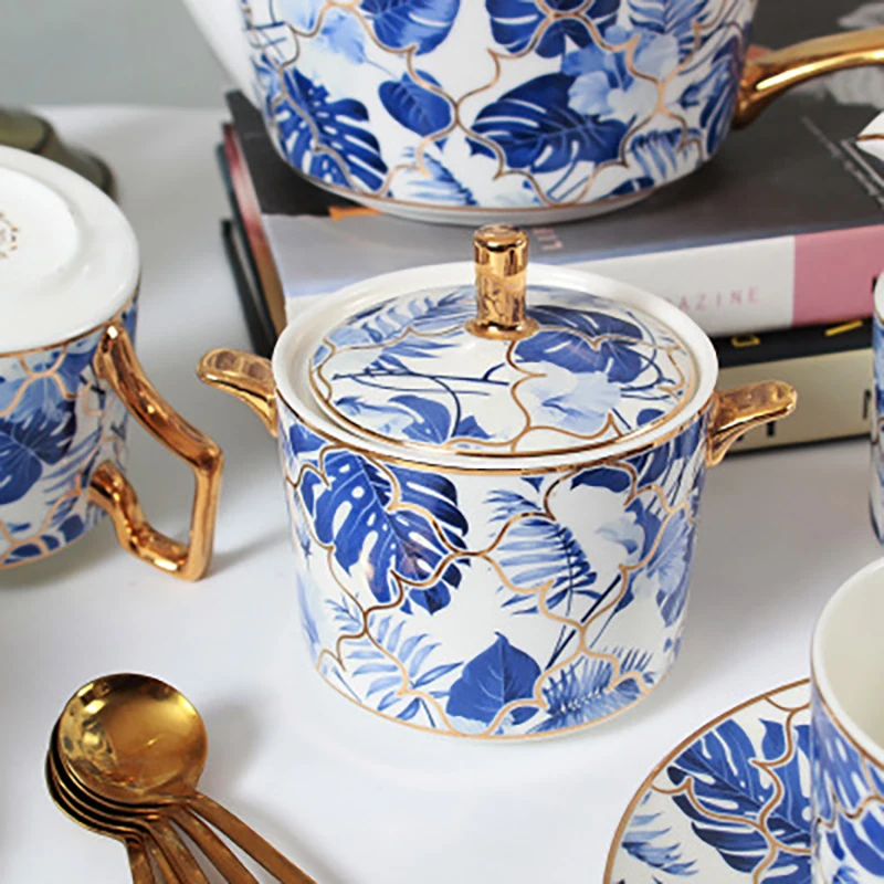 High quality 21pcs coffee set ceramic coffee cup and saucer cream suger bowl with gold trim coffee tumbler