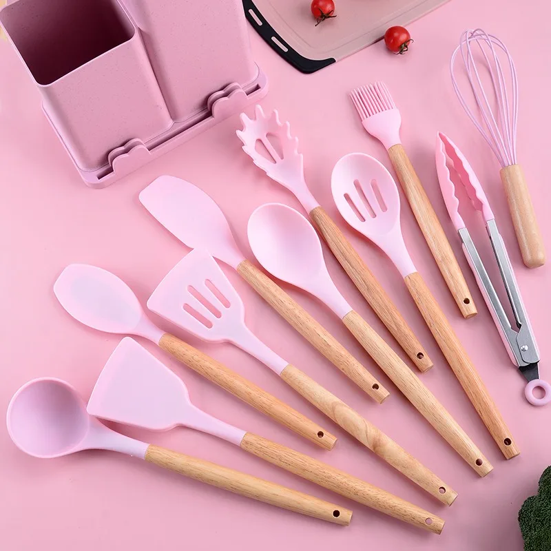 Factory Food Grade 19pcs Knife Set, Wooden Handles Silicone Turner Tongs Spatula Spoon Kitchen for Nonstick Cookware