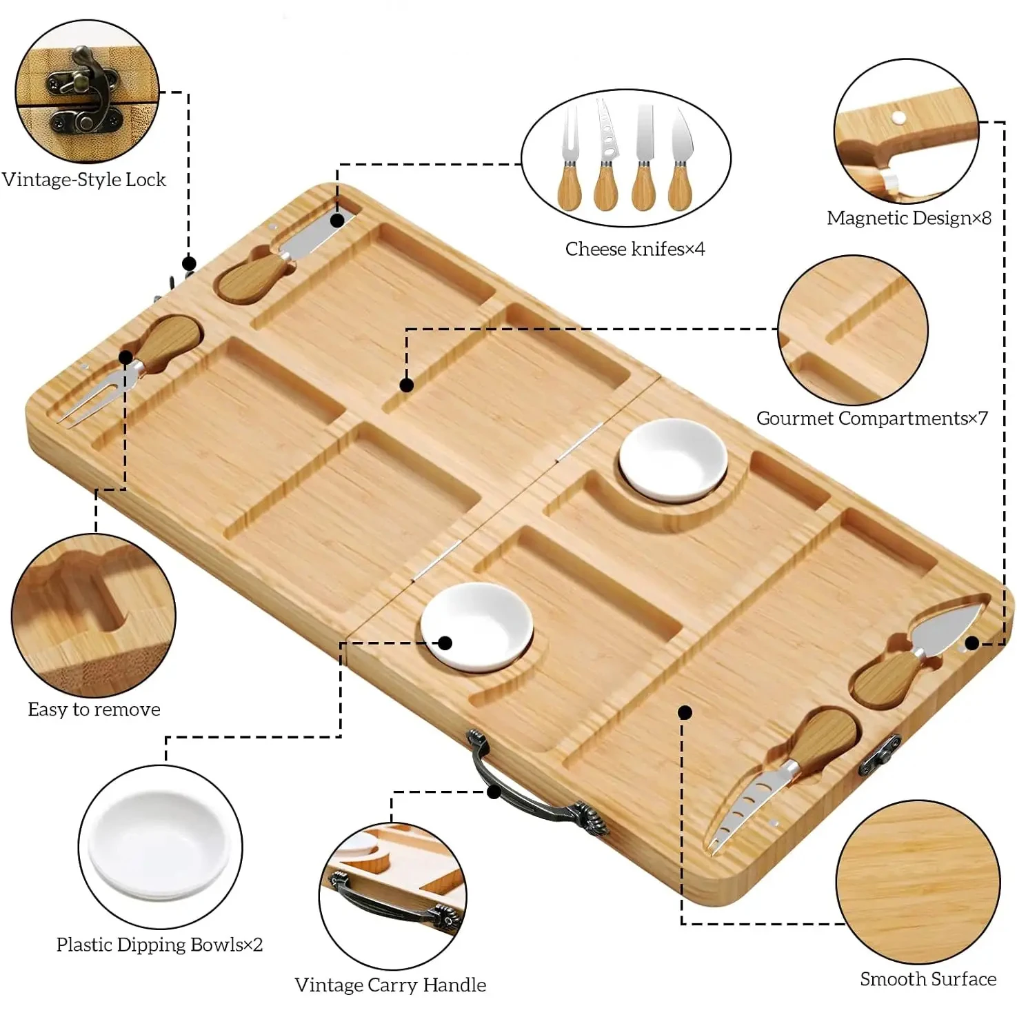Hot Selling Wooden Foldable Chacuterie Chopping Board Portable Magnetic Design Bamboo Cheese Board Knife Set
