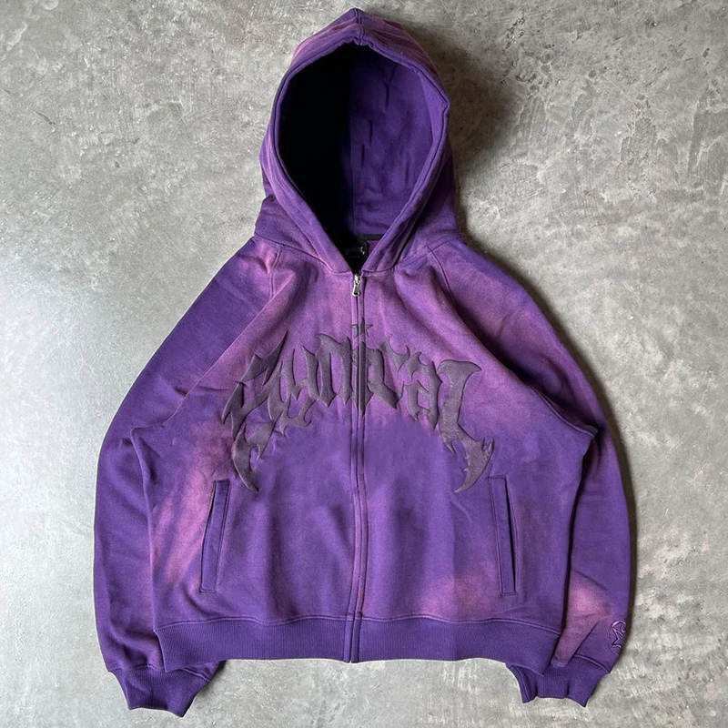 Custom Streetwear Oversized Acid Stone Washed Distressed Puff Print Hoodie Sun Faded Acid Wash Zip Up Hoodies For Men