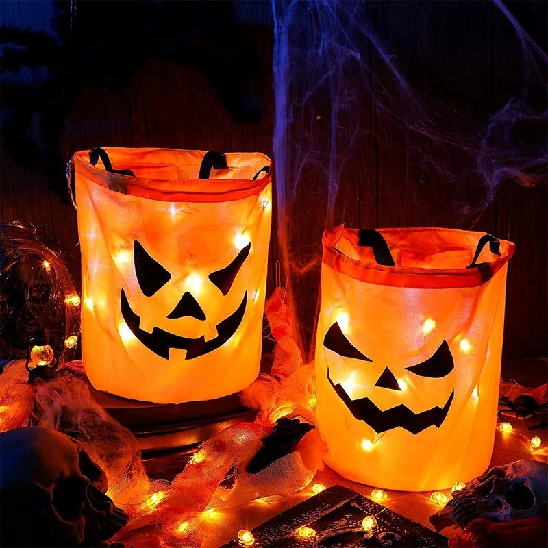 LED Light Trick or Treat Candy Bags Buckets Halloween Spooky Ghost Spider Pumpkin Reusable Felt cloth Candy Bag for kids