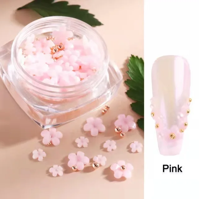 3D Nail Art White Pink Flowers Accessories Jewelry Mixed Gold Silver DIY Fingernail Decoration Manicure Design Nail Drill
