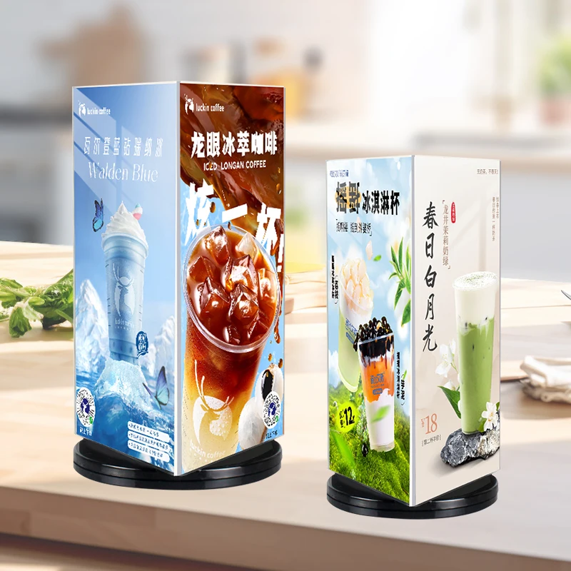Fashionable 3 Sided Rotating Triangle Clear Advertising Card Stand Acrylic Sign Table Menu Display Holder