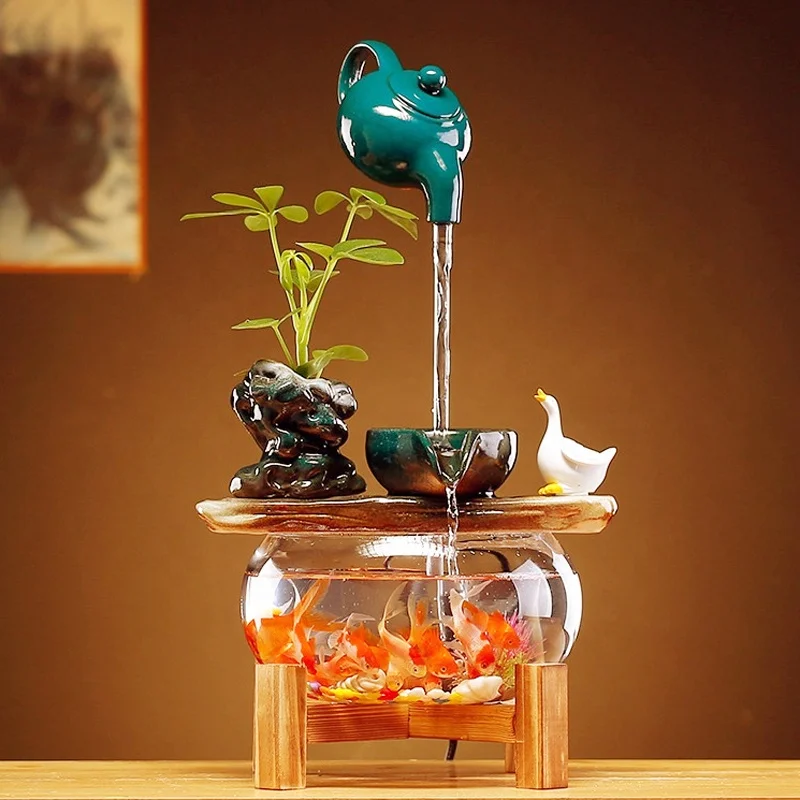 Custom Feng Shui Waterfall  Flowing Ornament Ceramic Tabletop Water Fountain Fish Tank for Indoor and Home Decoration
