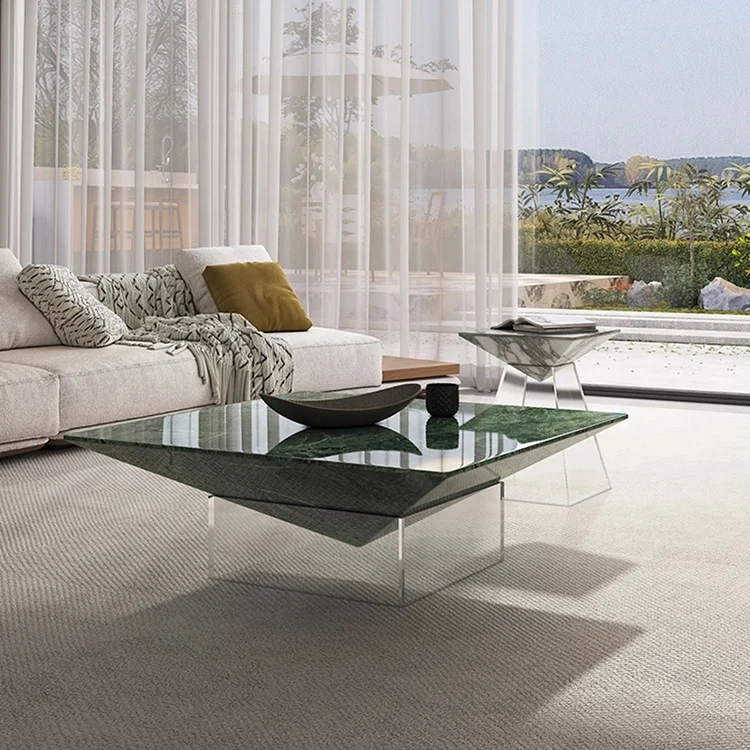 Luxury coffee table ready to ship natural marble top acrylic frame creative coffee table