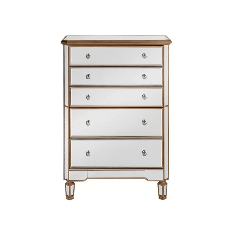Nordic Modern Silver Mirror Glass Tallboy Dresser Cabinets Chest of 5 Drawers of Bedroom