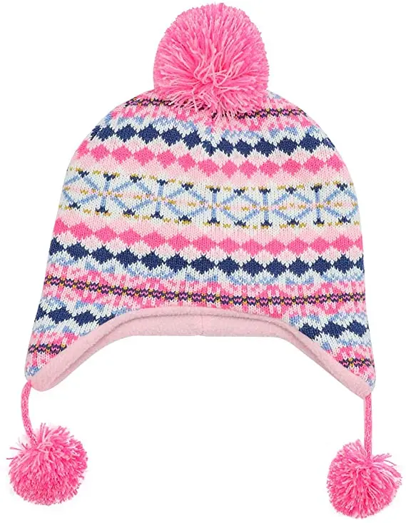 Unisex Cable Knit Beanie with Faux Fur Pompom Ears Beanie Winter Hat With Two Balls