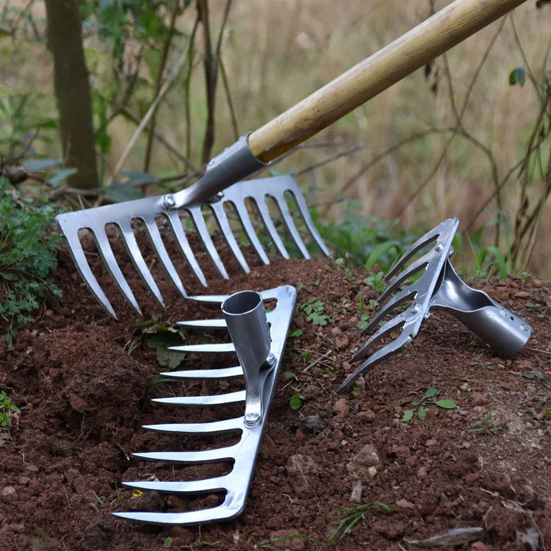 All-Steel Rustproof Garden Rake Large Leaf Scoops and Hand Rake Sand Scraper Tools with Wooden Handle