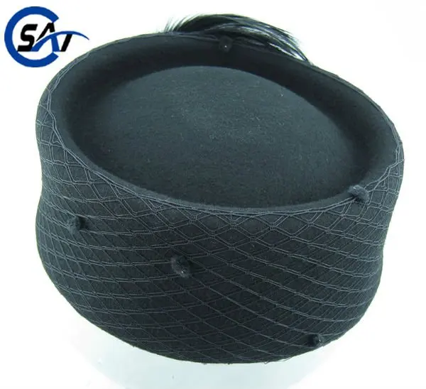 Black wool felt ladies pillbox hat with feathers