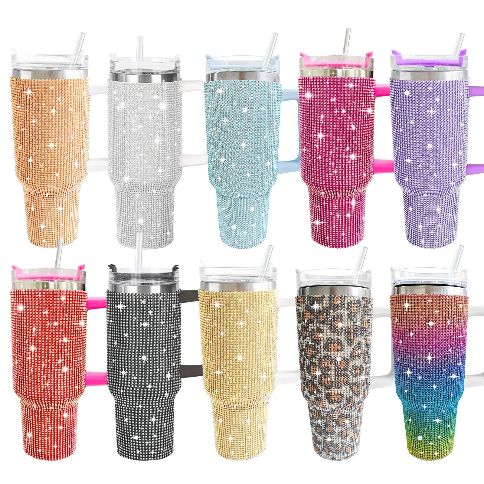 40oz Diamond Studded Car Cup Outdoor Bling Tumbler Stainless Steel Vacuum Insulated Mug Cup with Rhinestone