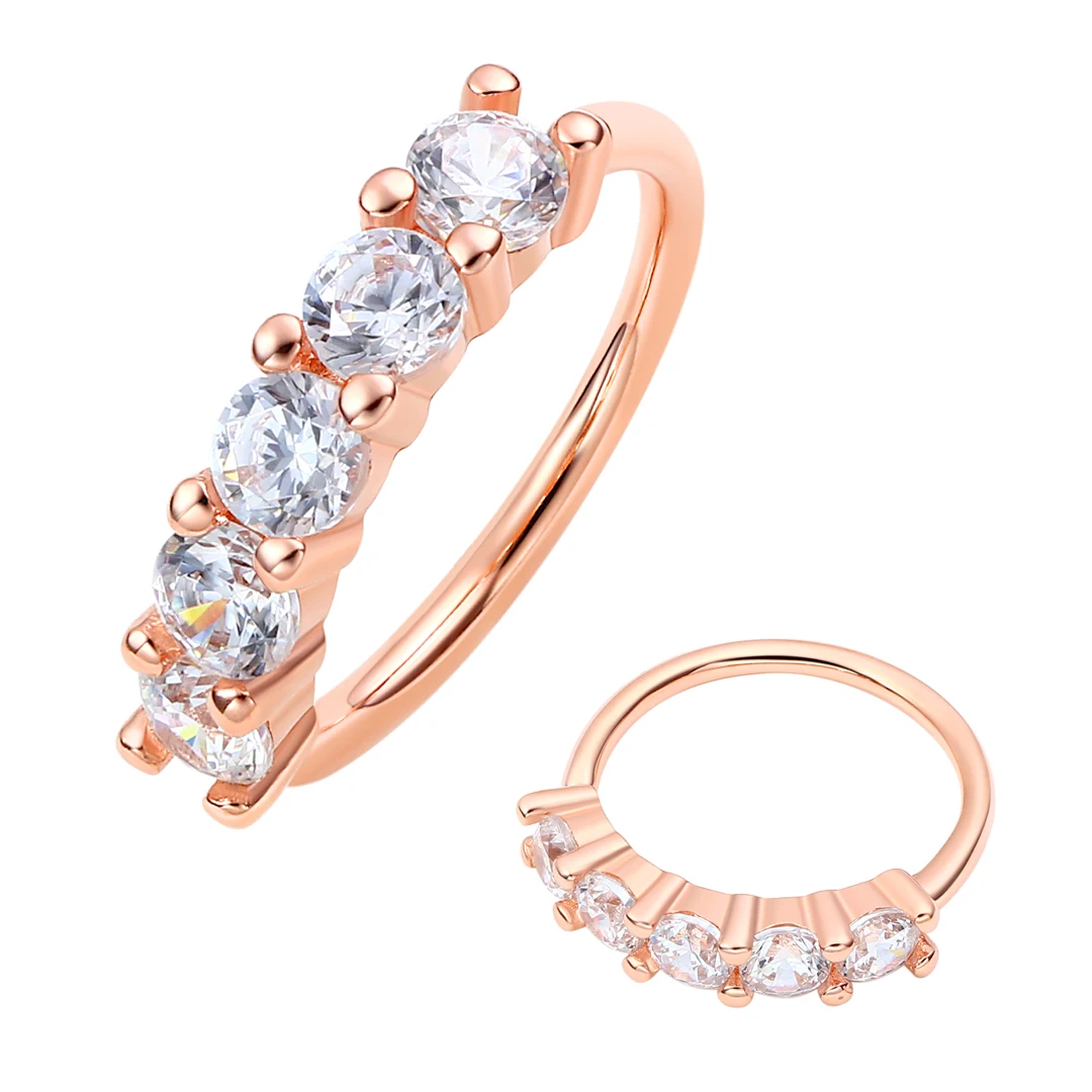 Eternal Metal 14K Solid Rose Gold 5-CZ Forward Facing Ear & Nose Hoop Ring Navel &Lip Piercing Seamless Ring Jewelry
