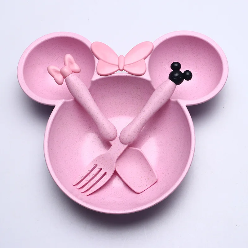  Wheat straw cartoon bowl set Mickey fork spoon cute lovely personality children