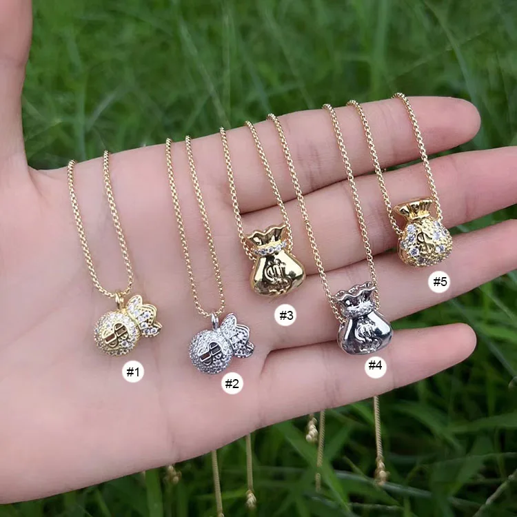 NZ1539 Stylish 18k Gold Plated CZ Paved Money Bag Stash Dollar Sytmbol Sign Charm Pendant Chain Necklace for Women