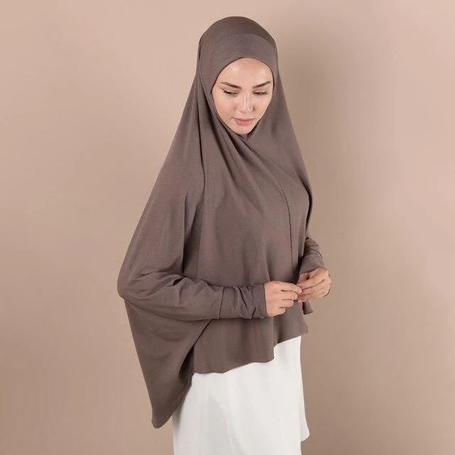 Khimar With Sleeves Muslim EID Islamic Clothing Ramadan Cotton Jersey Stretchy Prayer Big Hijab One Piece Khimar with Sleeve
