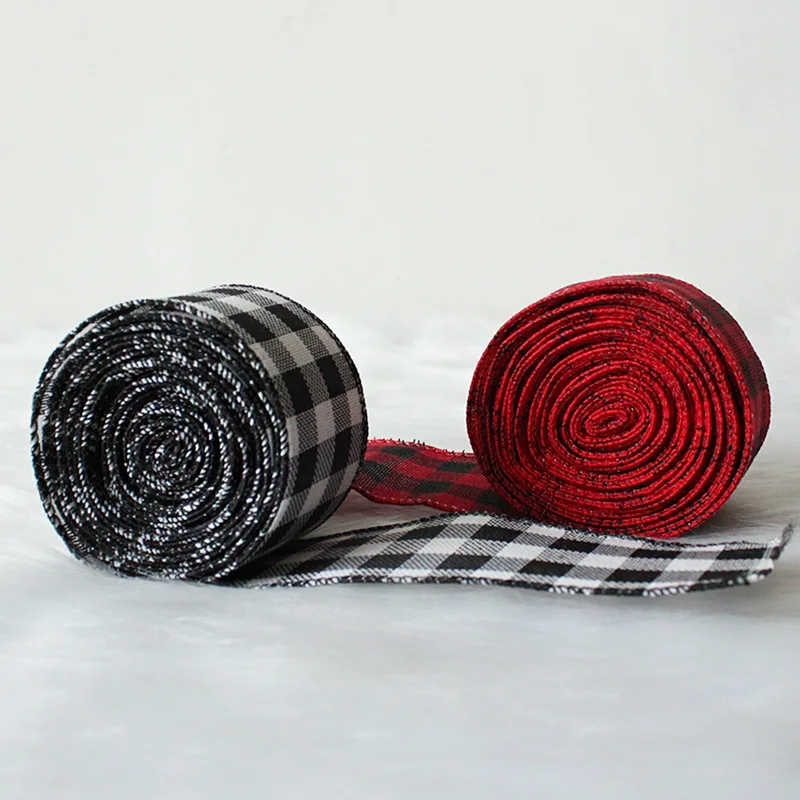 
5M / Roll Black Red Ribbon Wire Thread Floss Edged Burlap Ribbon Plaid Wired Ribbon Christmas Decoration Gift Packing Webbing 